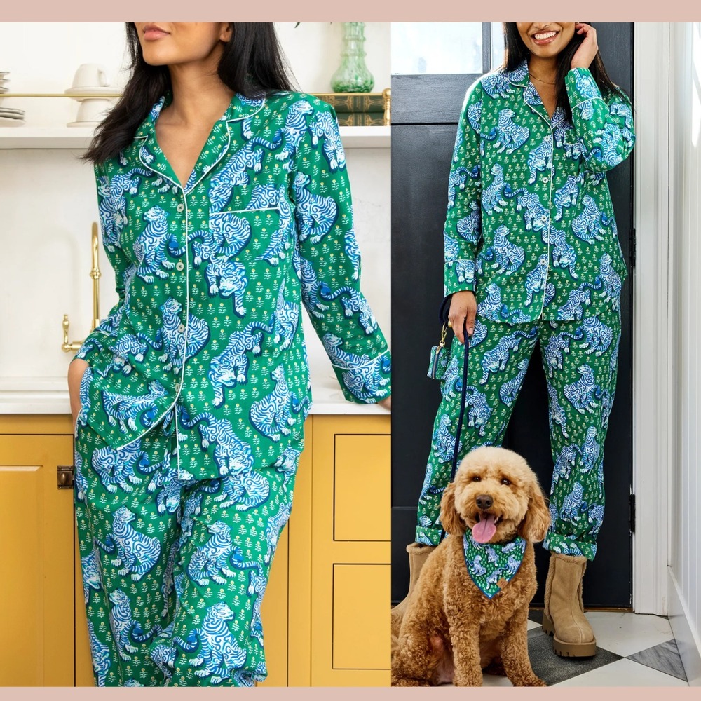 NWT $168 Printfresh [ Medium ] 100% Organic Cotton Long PJ Set Tiger Queen U1917